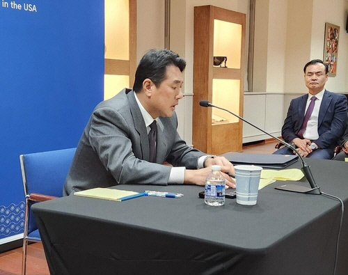 김태효 국가안보실 1차장이 15일(현지시간) 제2차 핵협의그룹(NCG) 회의 뒤 특파원 간담회를 하고 있다.연합뉴스